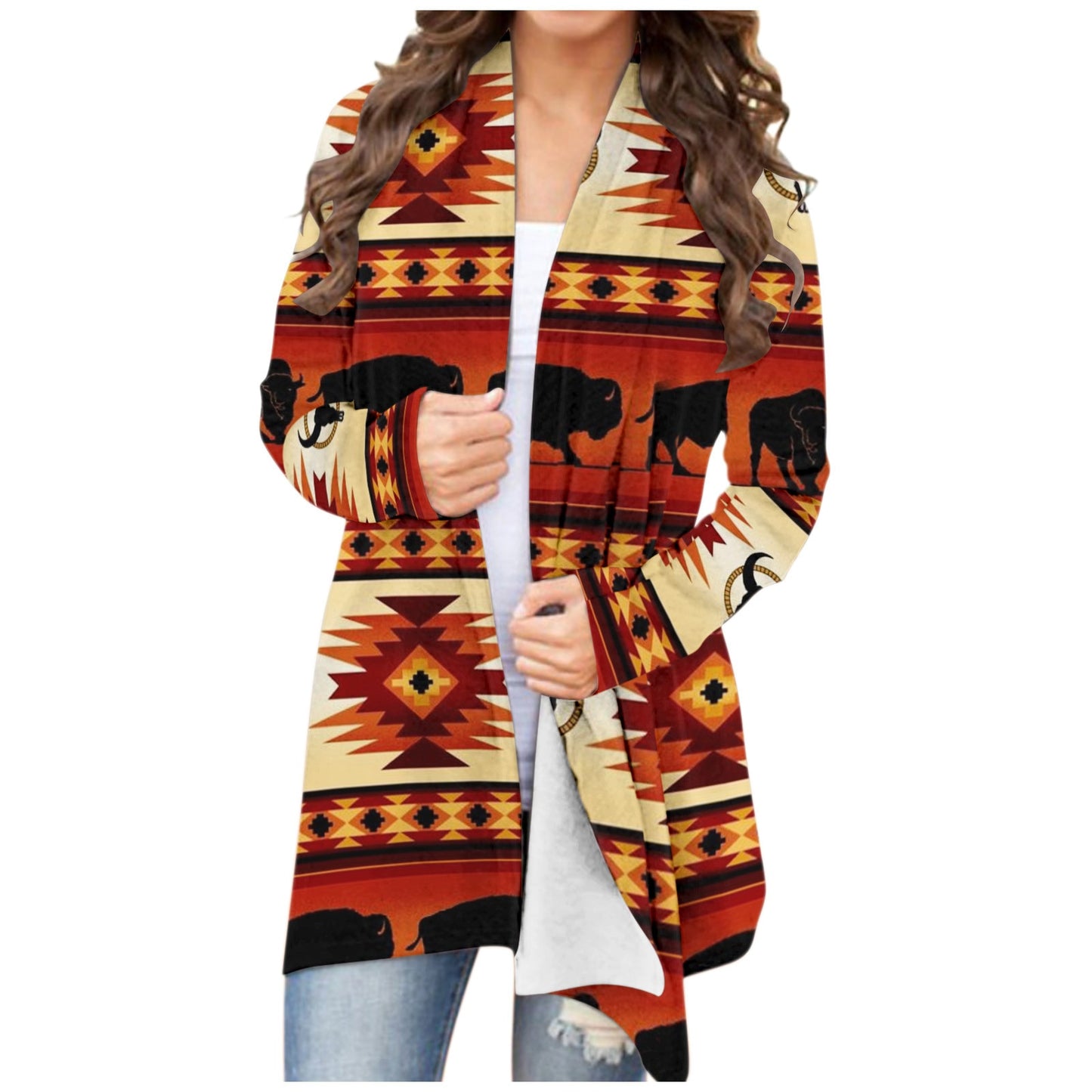 Women‘s Cardigan Fashionable Geometric Aztec Print Western Ethnic Jacket Long Sleeve Coat Female Autumn Winter Plus Size Clothes