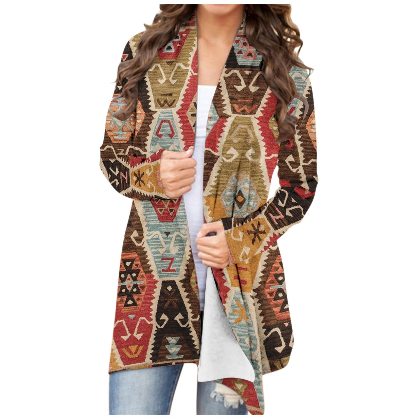 Women‘s Cardigan Fashionable Geometric Aztec Print Western Ethnic Jacket Long Sleeve Coat Female Autumn Winter Plus Size Clothes