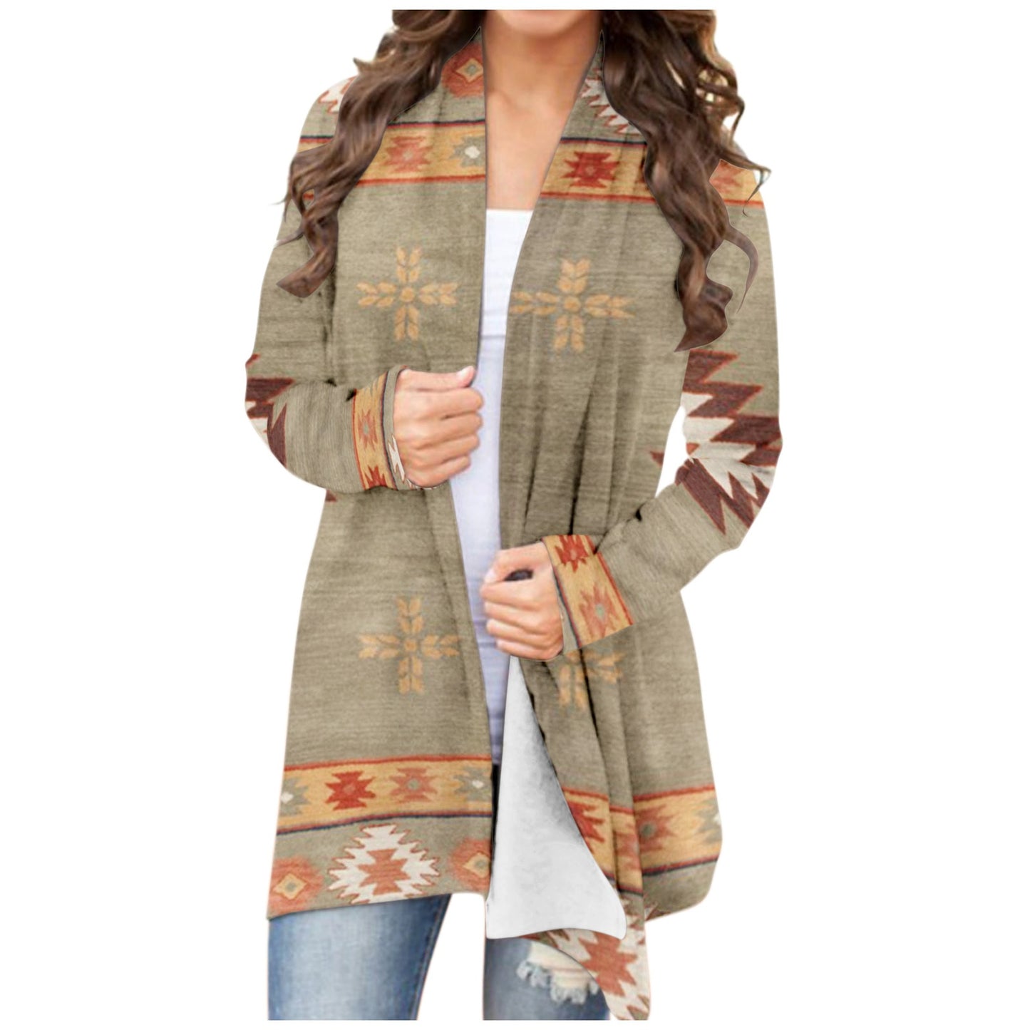 Women‘s Cardigan Fashionable Geometric Aztec Print Western Ethnic Jacket Long Sleeve Coat Female Autumn Winter Plus Size Clothes