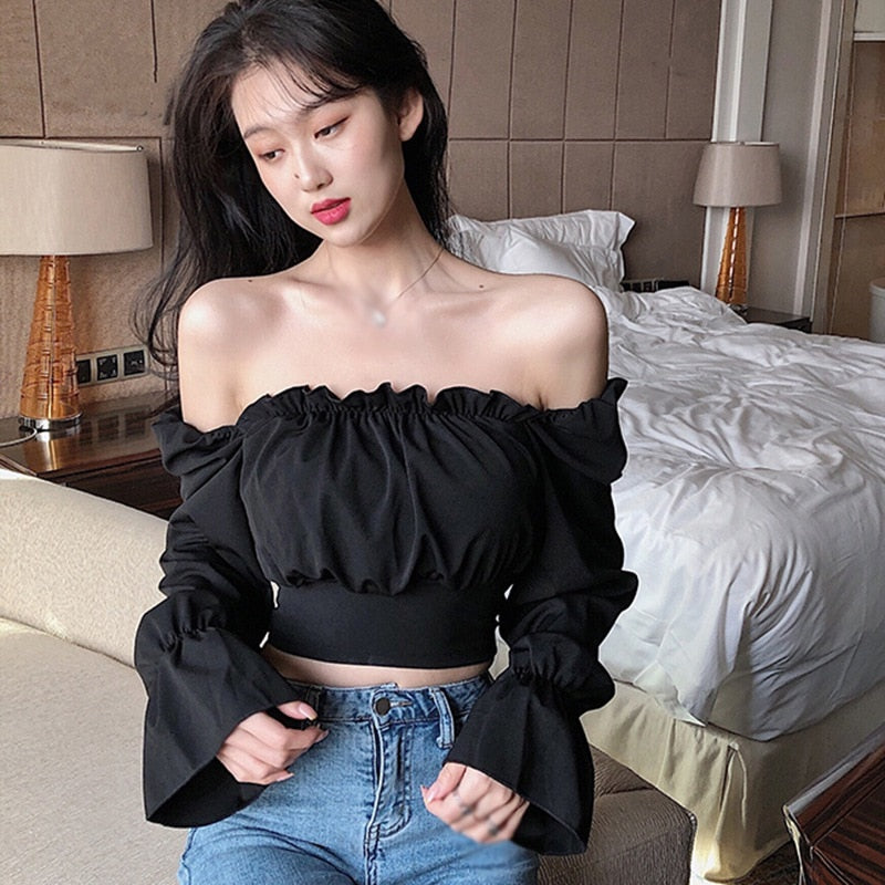 Spring Summer Women's Solid Slash Neck Sexy Bandage Navel Exposed Long Sleeve Shirt Blouses Retro Puff Sleeve Elastic Chic Blusa