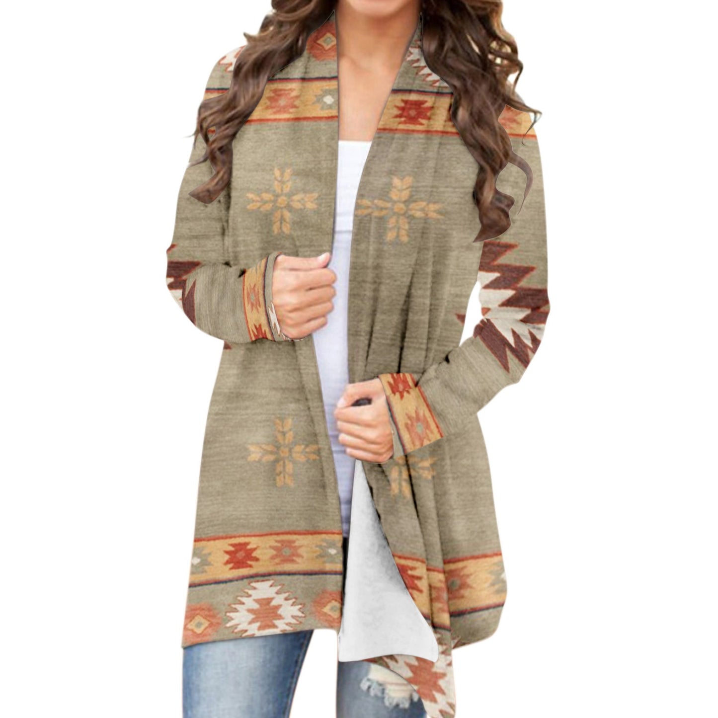 Women‘s Cardigan Fashionable Geometric Aztec Print Western Ethnic Jacket Long Sleeve Coat Female Autumn Winter Plus Size Clothes