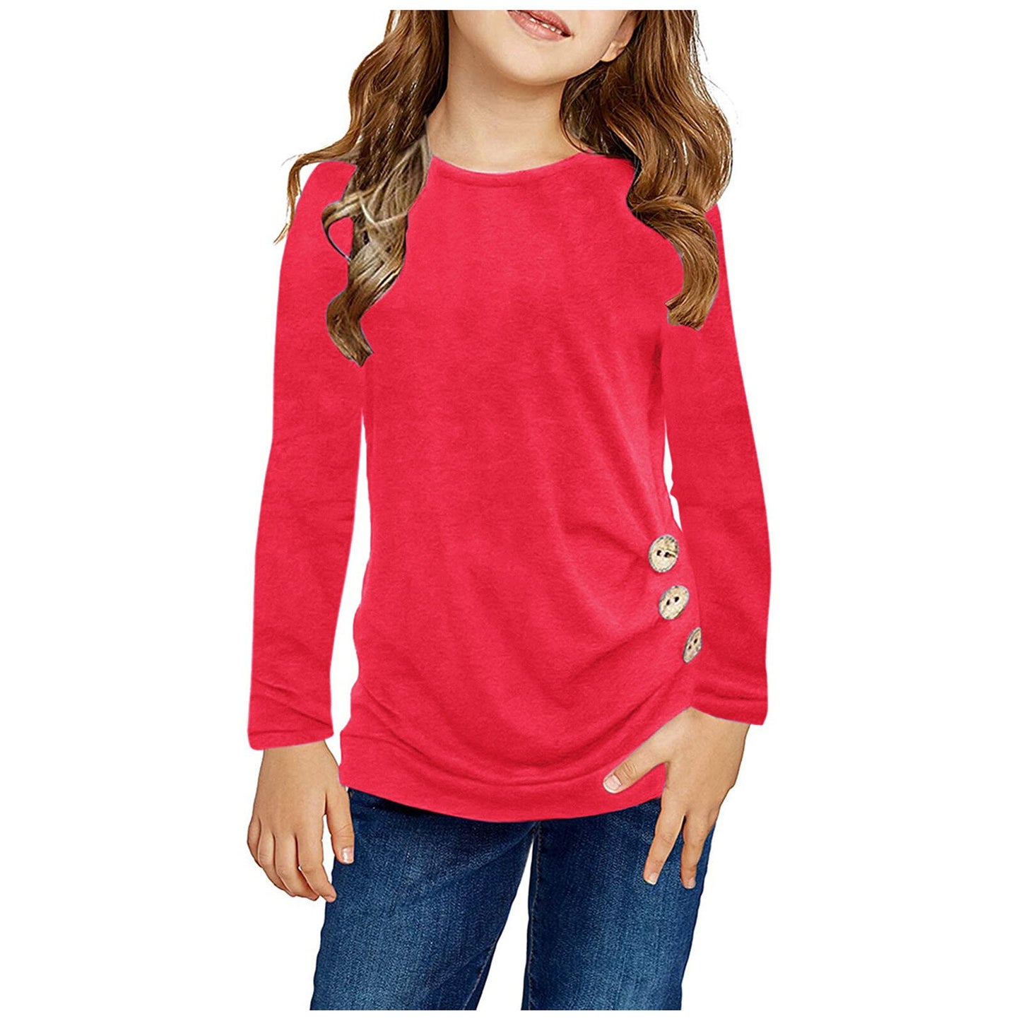 Kids Girls Casual Tunic Tops Knot Front Button Long Sleeve Casual Loose Blouse Autumn Winter T-Shirt Tee Camiseta de manga corta