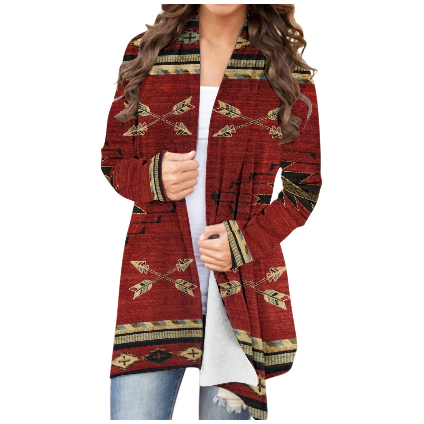 Women‘s Cardigan Fashionable Geometric Aztec Print Western Ethnic Jacket Long Sleeve Coat Female Autumn Winter Plus Size Clothes