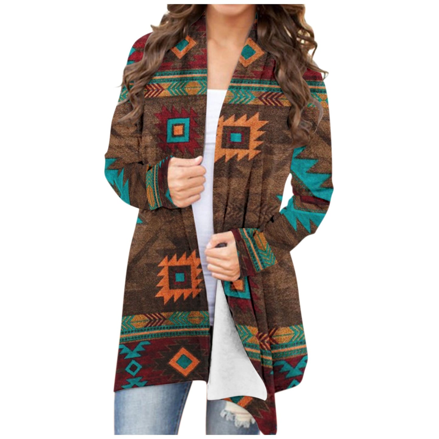 Women‘s Cardigan Fashionable Geometric Aztec Print Western Ethnic Jacket Long Sleeve Coat Female Autumn Winter Plus Size Clothes