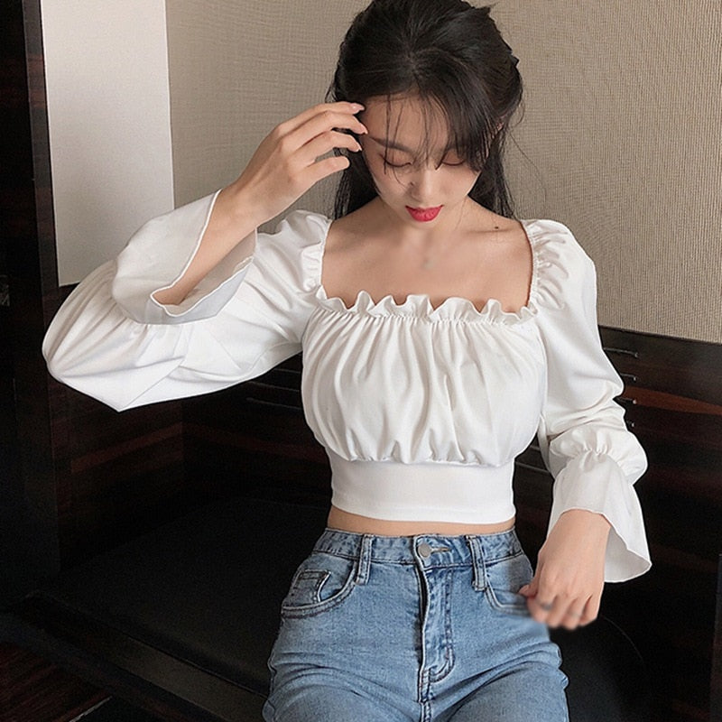 Spring Summer Women's Solid Slash Neck Sexy Bandage Navel Exposed Long Sleeve Shirt Blouses Retro Puff Sleeve Elastic Chic Blusa