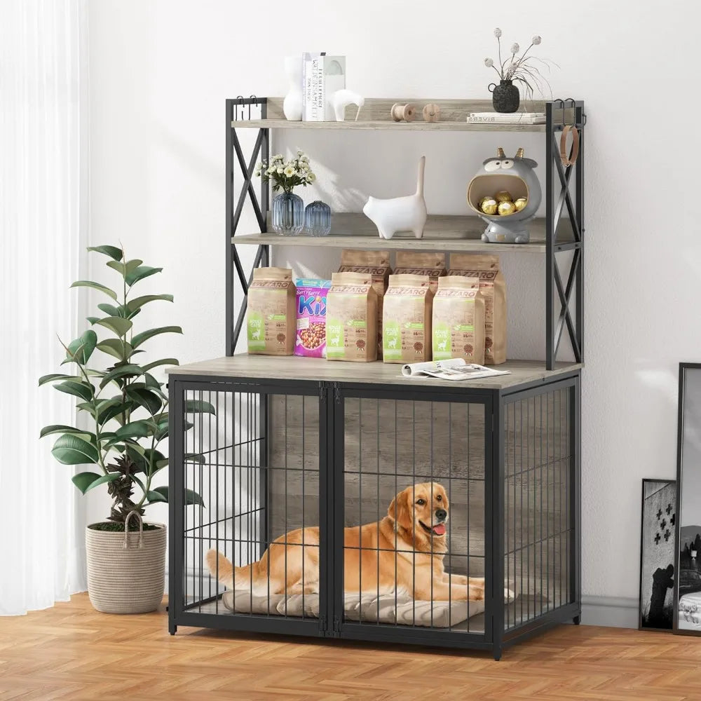 Grey wooden dog cage with flip cover and movable partition,42.5 inches long x 27.1 inches wide x 63.7 inches high, free shipping