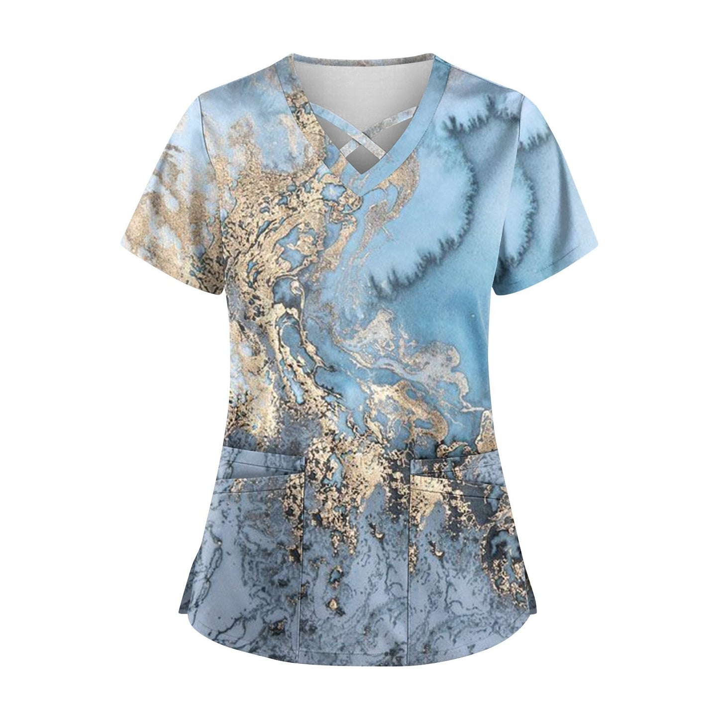 Gradient 3D Printing T-Shirts for Women Short Sleeve V Neck Nurse Working Uniform Casual Breathable Women Surgical Gown T-shirt