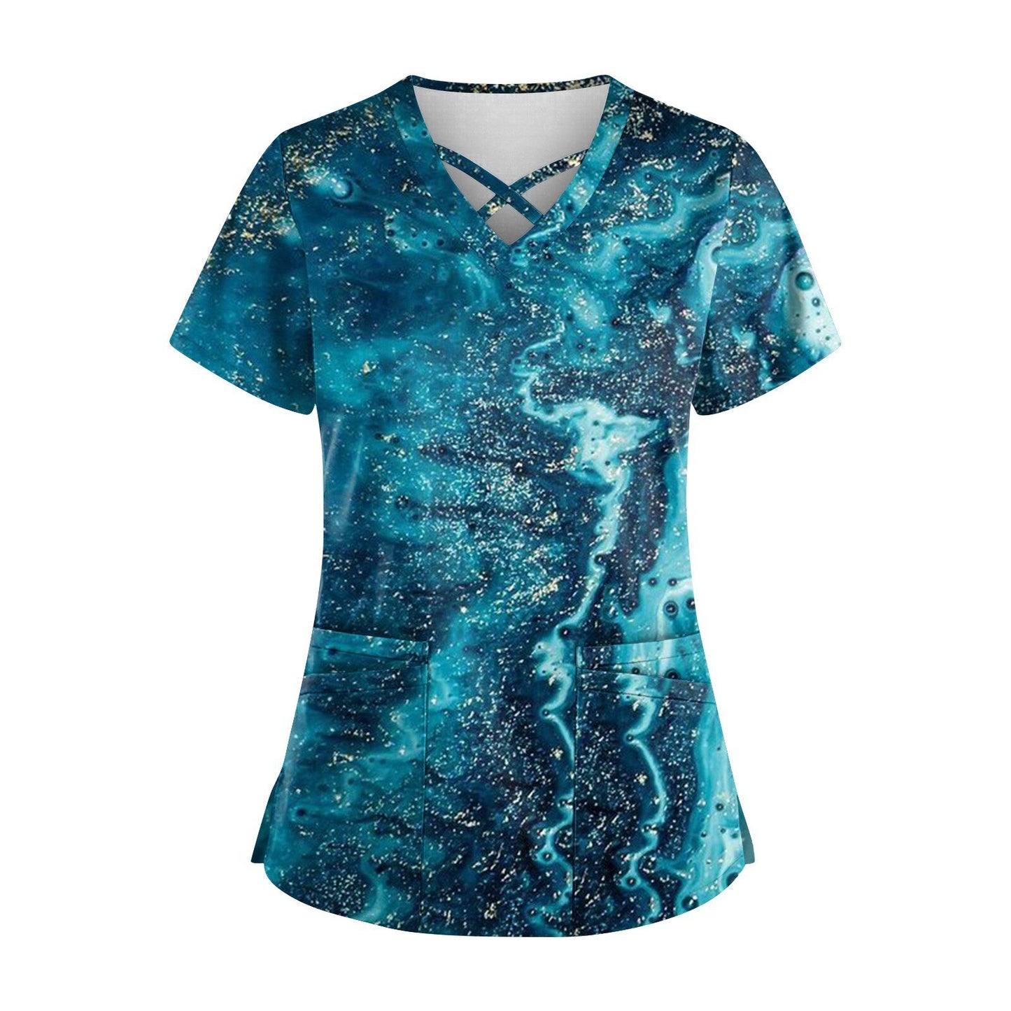 Gradient 3D Printing T-Shirts for Women Short Sleeve V Neck Nurse Working Uniform Casual Breathable Women Surgical Gown T-shirt