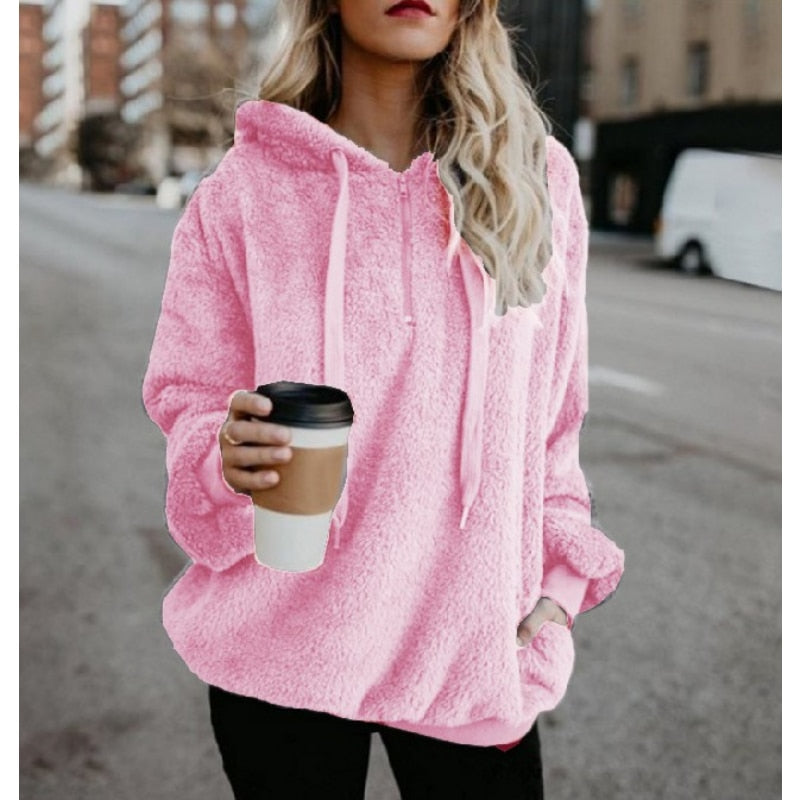 Women's Winter Solid Color Fleece Hooded Sweater Women's Zipper Long Sleeve Sweater Fleece Sweater Jacket Warm Thick Cotton Tops