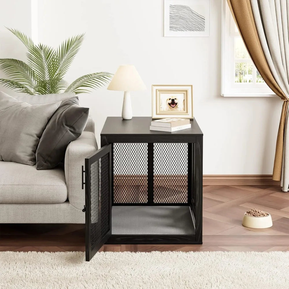 Dog Crate with Tray and Cushion, Double Doors Wooden Dog Kennel End Table, Decorative Pet Crate House Cage Indoor Mike's mixed store