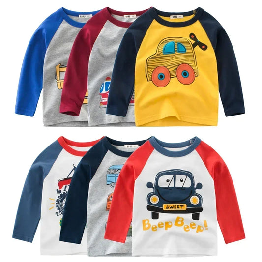 2024 Autumn T Shirt Cartoon Car T-shirt Boys Girls Baby Kids Clothes Cotton Long Sleeve Top for Boy Children's Clothing 2-9 Year Mike's mixed store