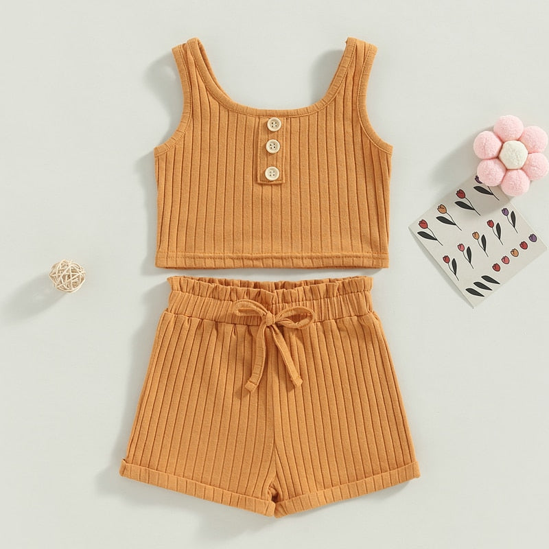 2023-02-14 Lioraitiin 0-4Years Toddler Girls 2Pcs Summer Outfit Sets Solid Button Vest Ribbed Drawstring Shorts