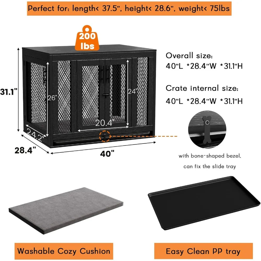 Dog Crate with Tray and Cushion, Double Doors Wooden Dog Kennel End Table, Decorative Pet Crate House Cage Indoor Mike's mixed store