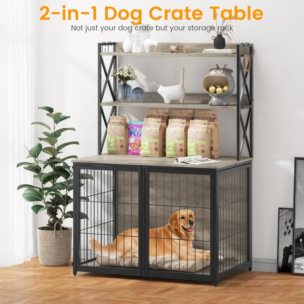 Grey wooden dog cage with flip cover and movable partition,42.5 inches long x 27.1 inches wide x 63.7 inches high, free shipping