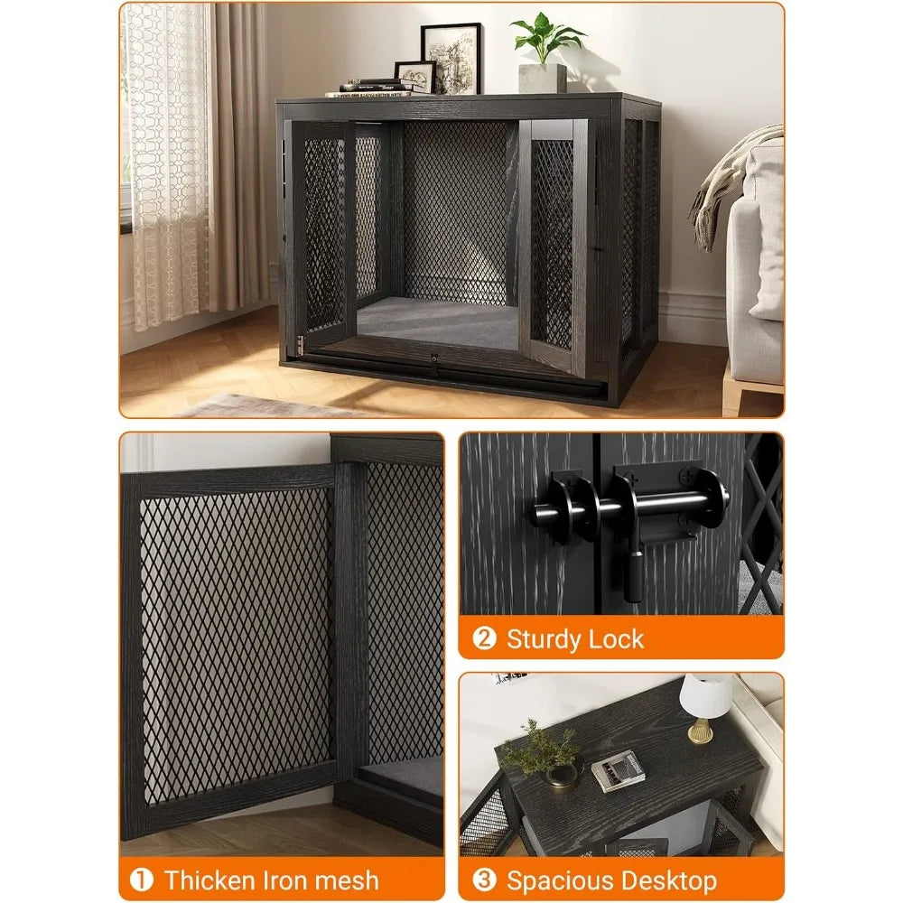 Dog Crate with Tray and Cushion, Double Doors Wooden Dog Kennel End Table, Decorative Pet Crate House Cage Indoor Mike's mixed store