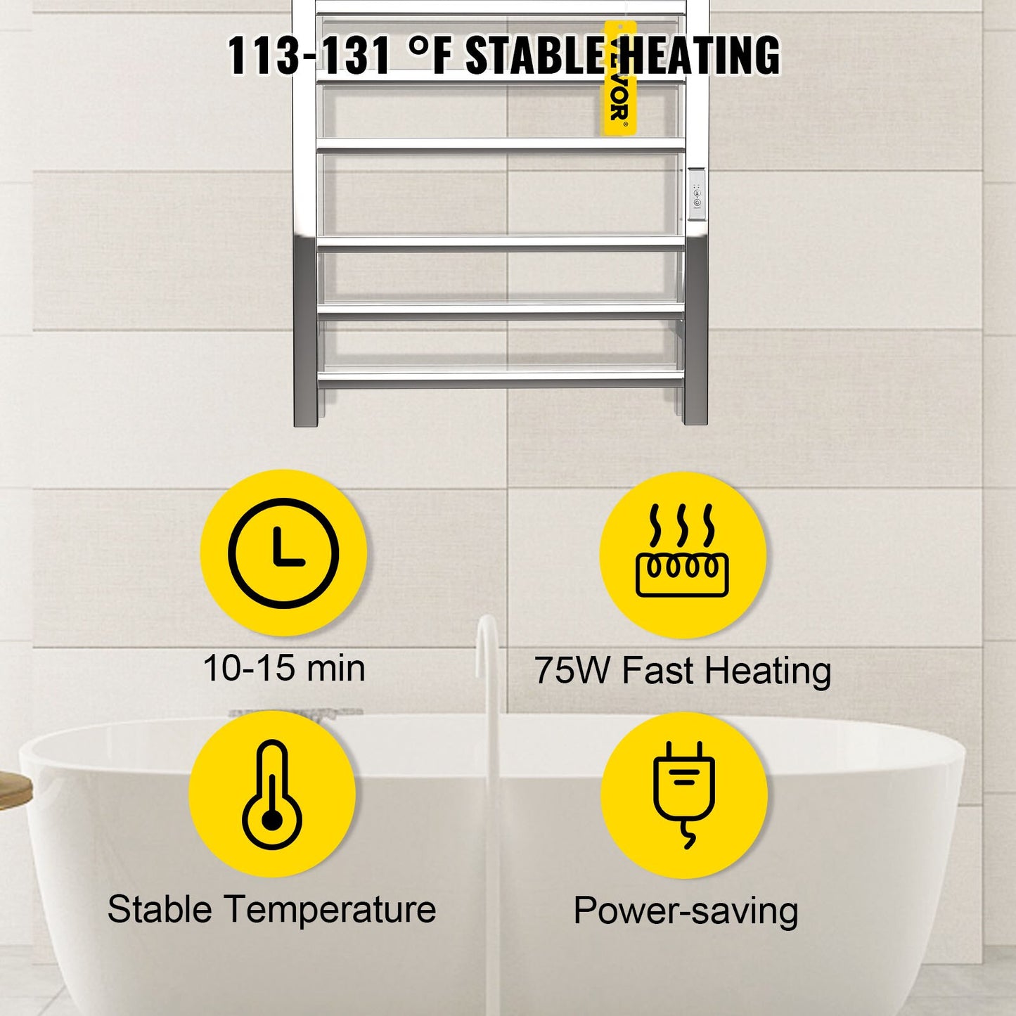 VEVOR Heated Towel Rack Towel Heater Warmer 4/6/8/10/12 Bars Polishing Brushed/ Mirror Polished/ Powder Coated Steel Squared