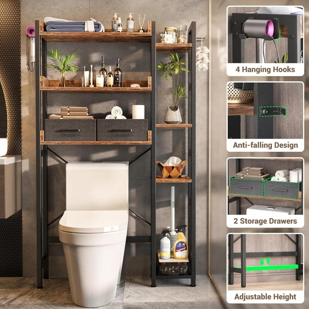 Over The Toilet Storage with 2 Drawers - 7 Tier Bathroom Organizer with Adjustable Shelf, Mike's mixed store