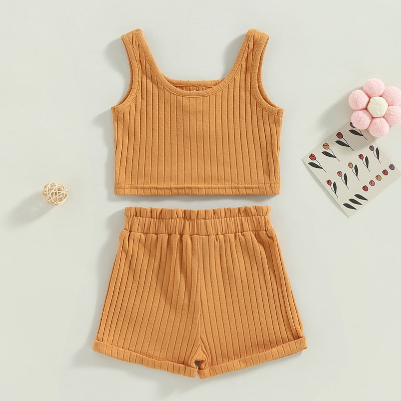 2023-02-14 Lioraitiin 0-4Years Toddler Girls 2Pcs Summer Outfit Sets Solid Button Vest Ribbed Drawstring Shorts