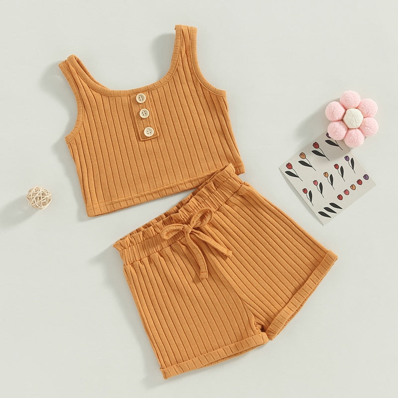 2023-02-14 Lioraitiin 0-4Years Toddler Girls 2Pcs Summer Outfit Sets Solid Button Vest Ribbed Drawstring Shorts