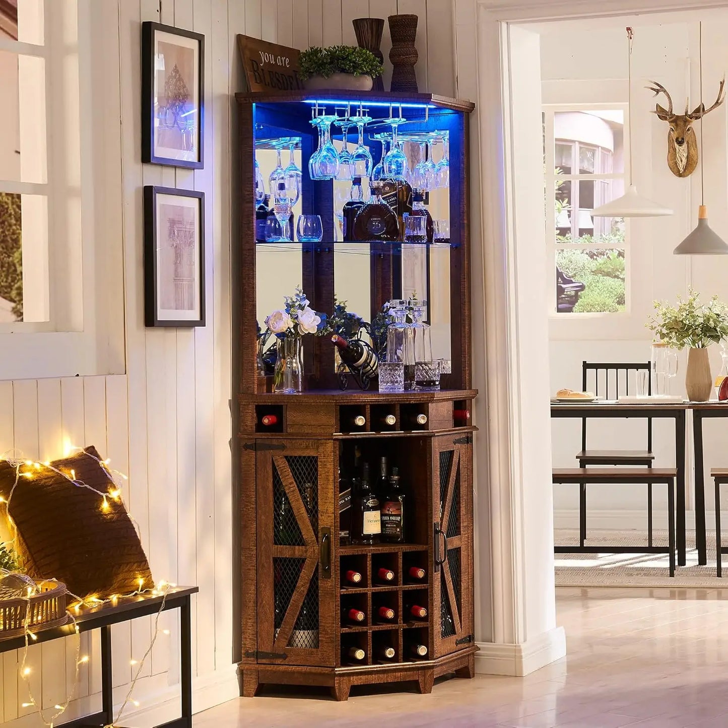 Corner Bar Storage Cabinet, 72" Tall Farmhouse Wine Bar Cabinet w/Barn Door & Adjustable Shelf, Home Bar Cabinet w/LED Light Mike's mixed store