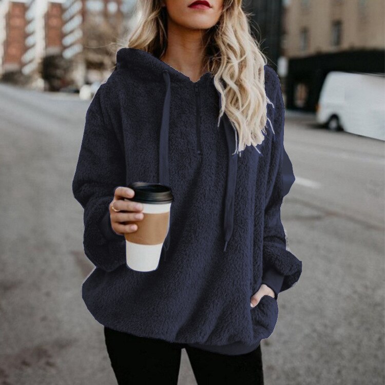 Women's Winter Solid Color Fleece Hooded Sweater Women's Zipper Long Sleeve Sweater Fleece Sweater Jacket Warm Thick Cotton Tops