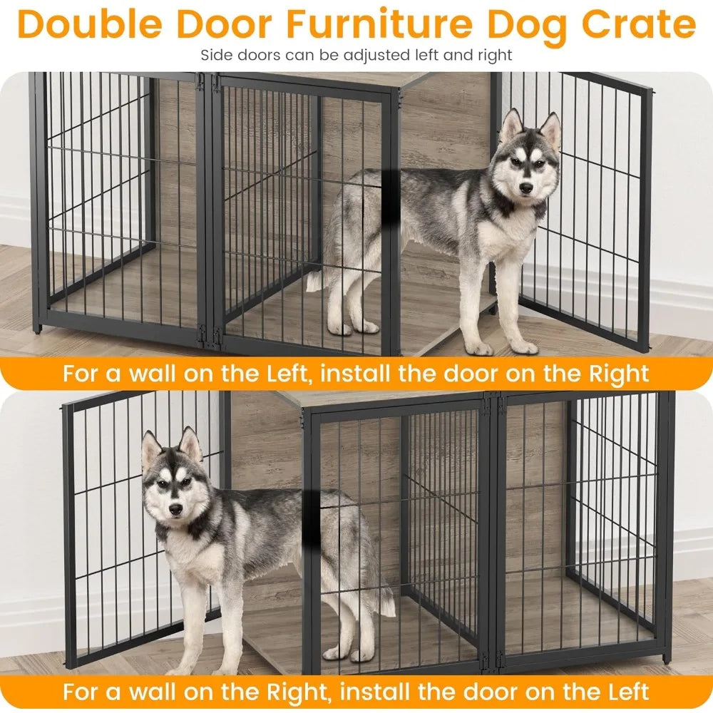 Grey wooden dog cage with flip cover and movable partition,42.5 inches long x 27.1 inches wide x 63.7 inches high, free shipping