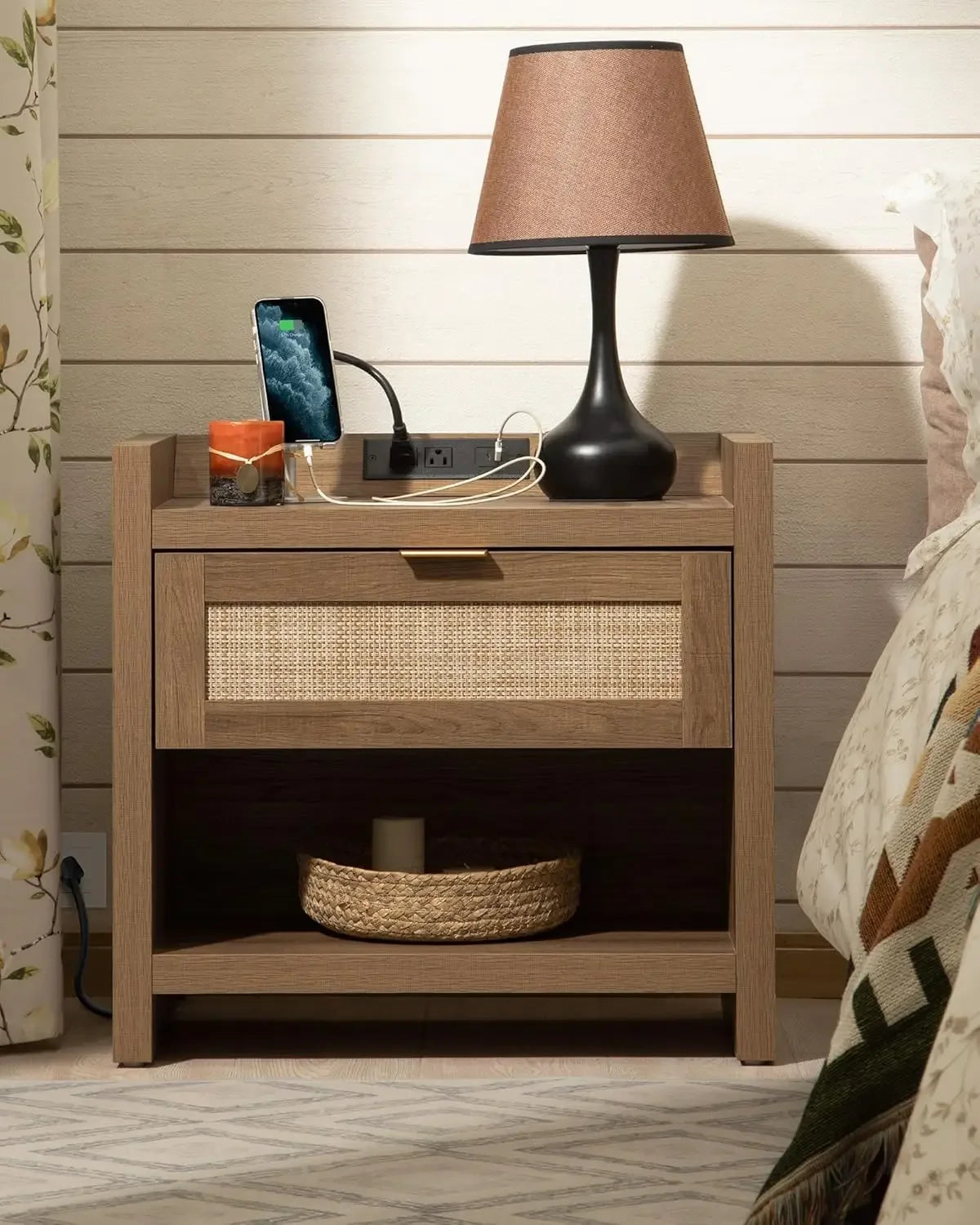 Nightstands.Night Stand Set of 2 - Rattan Nightstands with Type-C Charging Station,2Rattan Drawers-Boho Wood Bed Side End Table Mike's mixed store