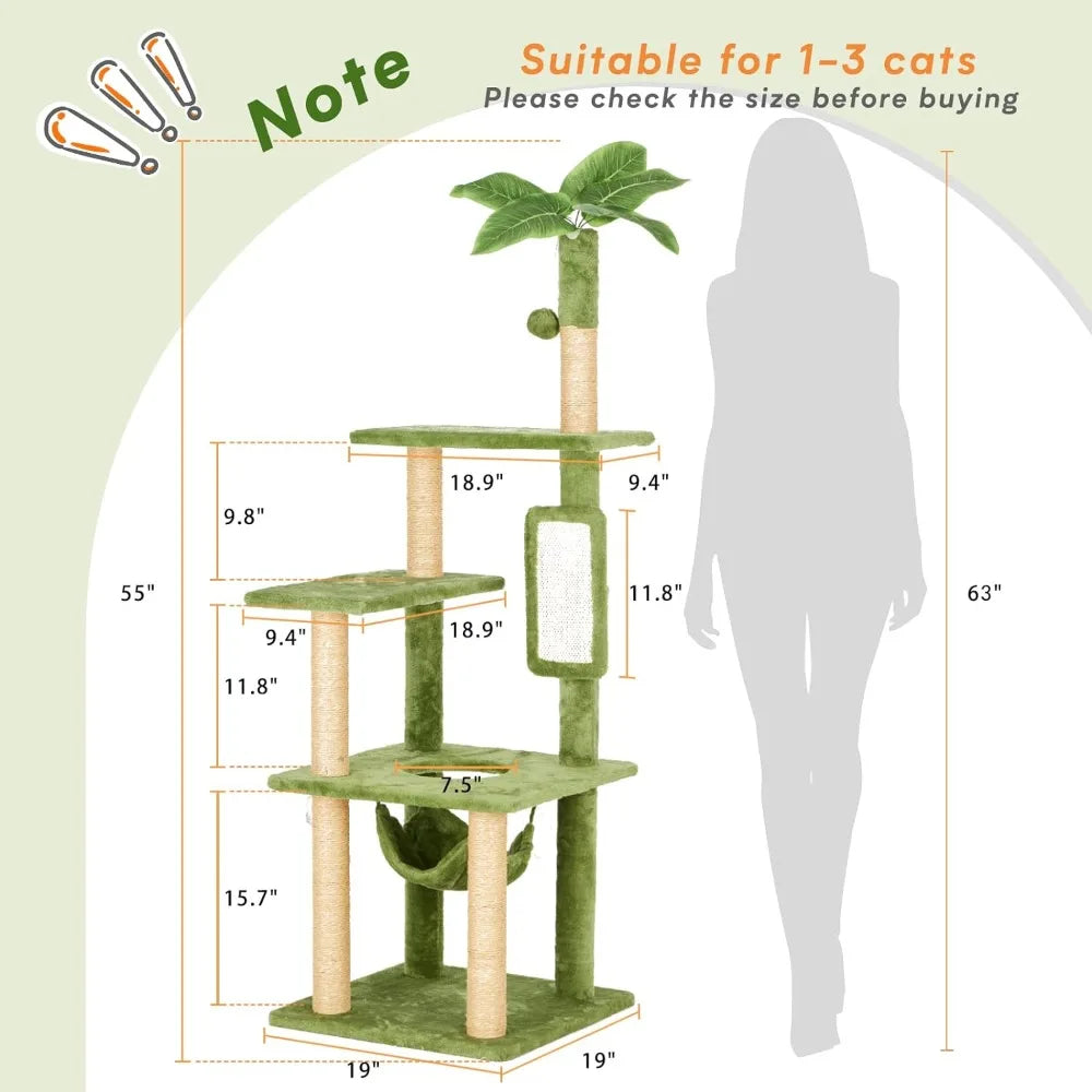 55" Cat Tree for Indoor Cats with Green Leaves, Multi-Level Large Tower for Indoor  with Hammock, Plush  House with