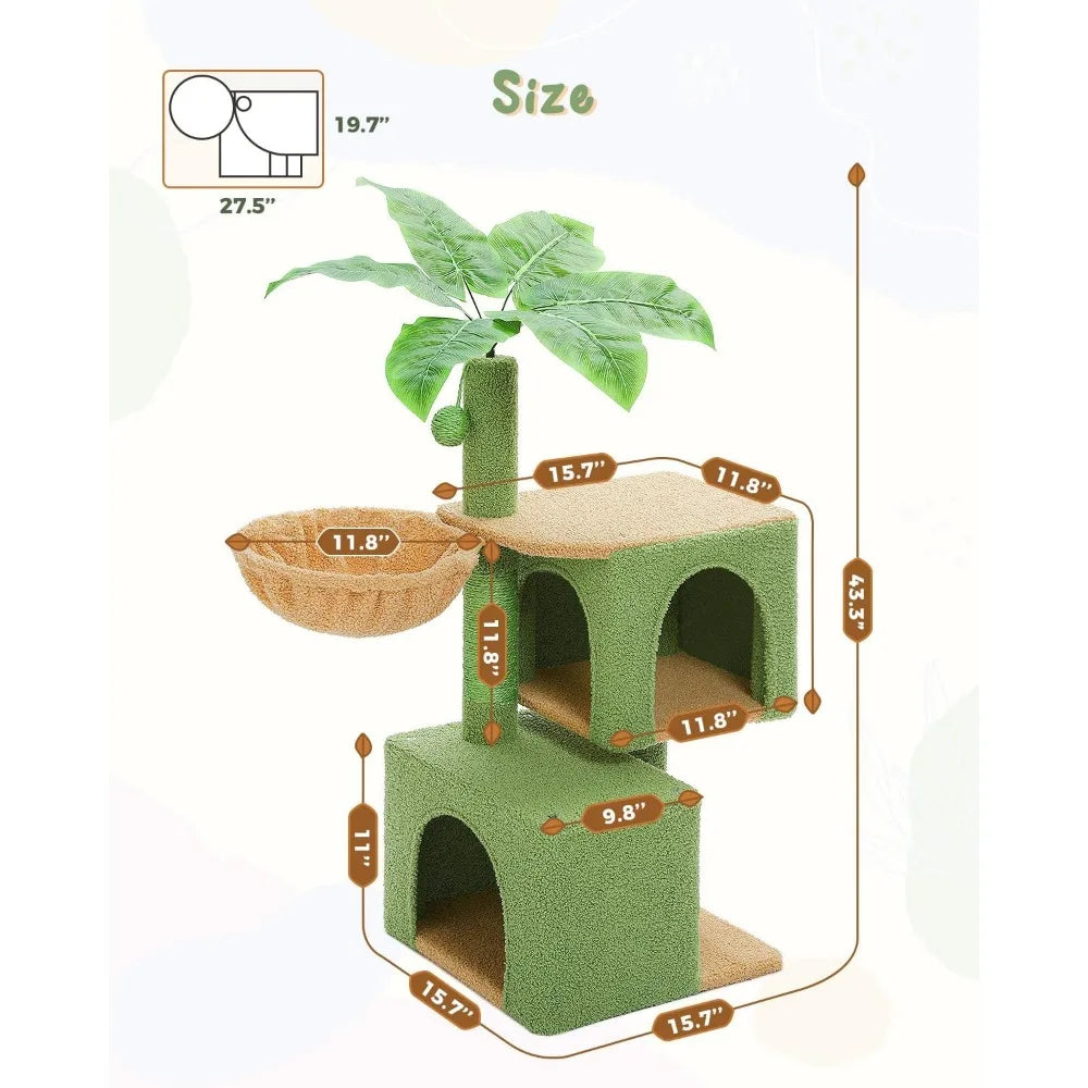 PEQULTI 43'' Cat Tree for Indoor Cats,Cat Tower Climbing Tree with  Scratching Posts, 2 Big  Condos and Deep Hammock