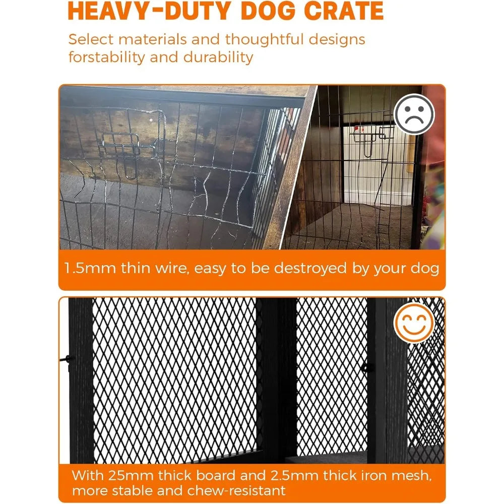 Dog Crate with Tray and Cushion, Double Doors Wooden Dog Kennel End Table, Decorative Pet Crate House Cage Indoor Mike's mixed store