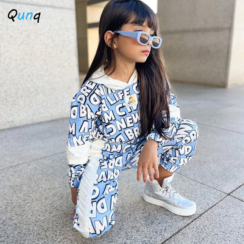 Qunq 2023 Summer INS New Girls Fashion Hooded Print Long Sleeve Splice Top+Pants 2 Pieces Set Casual Children Clothes Age 3T-8T