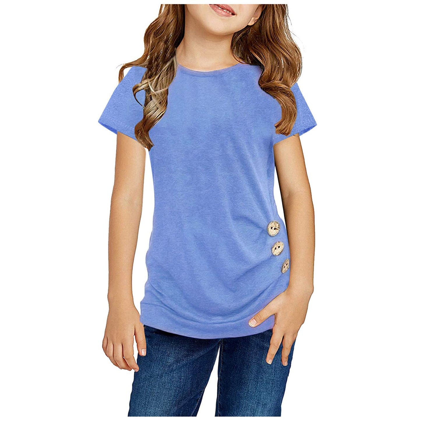 4-13Y Kids T Shirts Little Girls Casual Tunic Tops Knot Front Button Short Sleeve Blouse Tee Tops Summer Clothes детская одежда