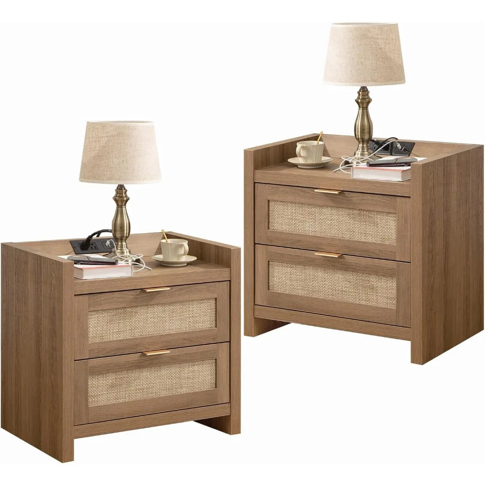 Nightstands.Night Stand Set of 2 - Rattan Nightstands with Type-C Charging Station,2Rattan Drawers-Boho Wood Bed Side End Table Mike's mixed store