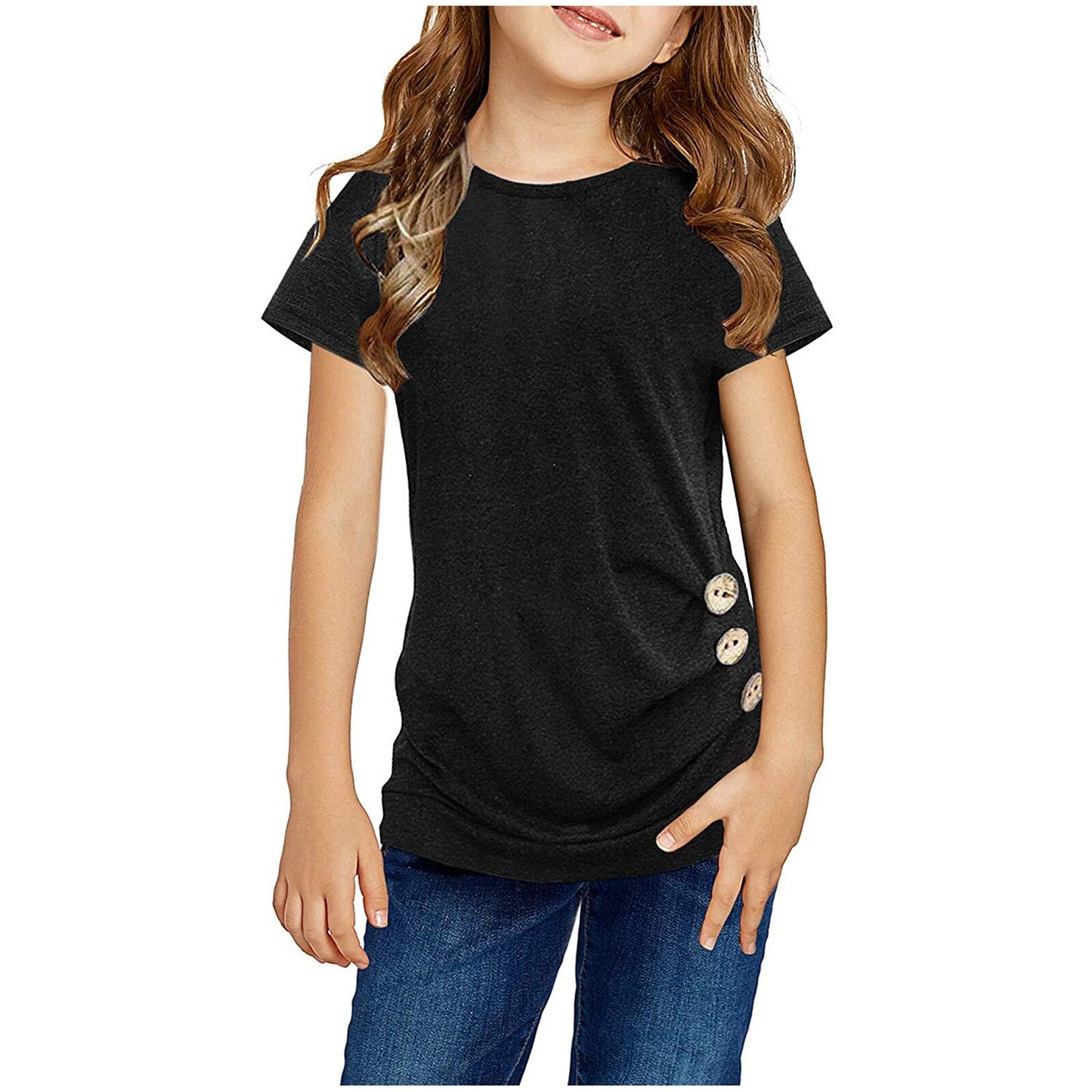 4-13Y Kids T Shirts Little Girls Casual Tunic Tops Knot Front Button Short Sleeve Blouse Tee Tops Summer Clothes детская одежда