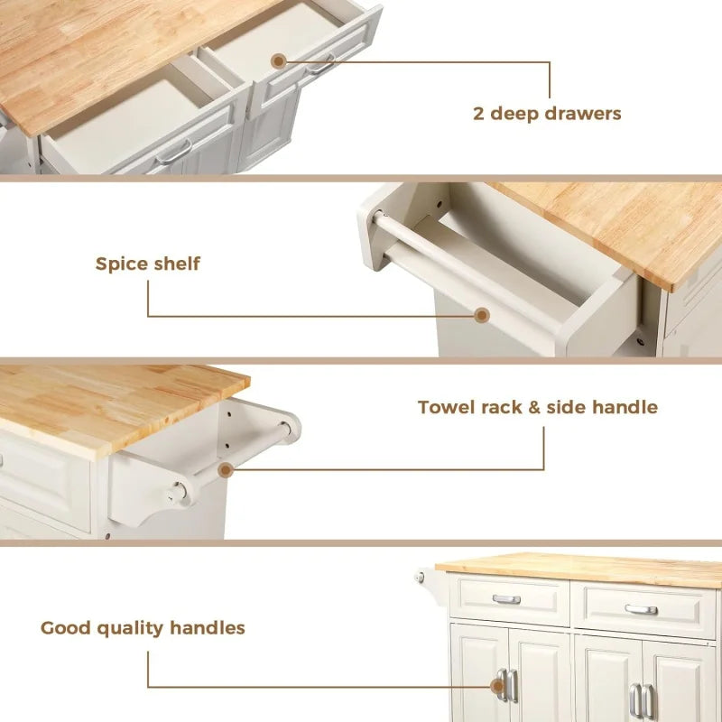 54“ Large Kitchen Island with Storage, Cart on Wheels with 2  Drawers,Adjustable Shelf Inside Cabinet, Spice Rack