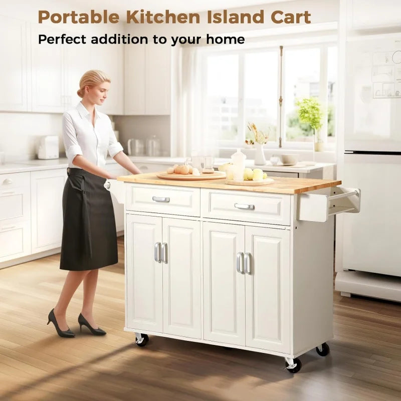 54“ Large Kitchen Island with Storage, Cart on Wheels with 2  Drawers,Adjustable Shelf Inside Cabinet, Spice Rack