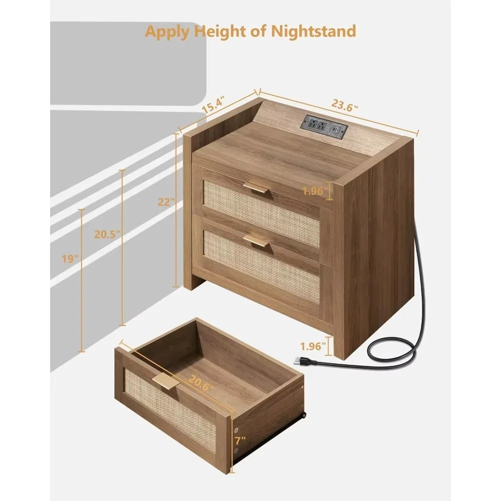 Nightstands.Night Stand Set of 2 - Rattan Nightstands with Type-C Charging Station,2Rattan Drawers-Boho Wood Bed Side End Table Mike's mixed store