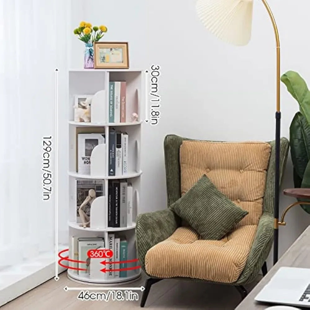 Rotating Bookshelf, 4 Tier 360 Rotating Bookshelf, Corner Wood Bookshelf Organizer, Floor Standing Revolving Bookcase Rack