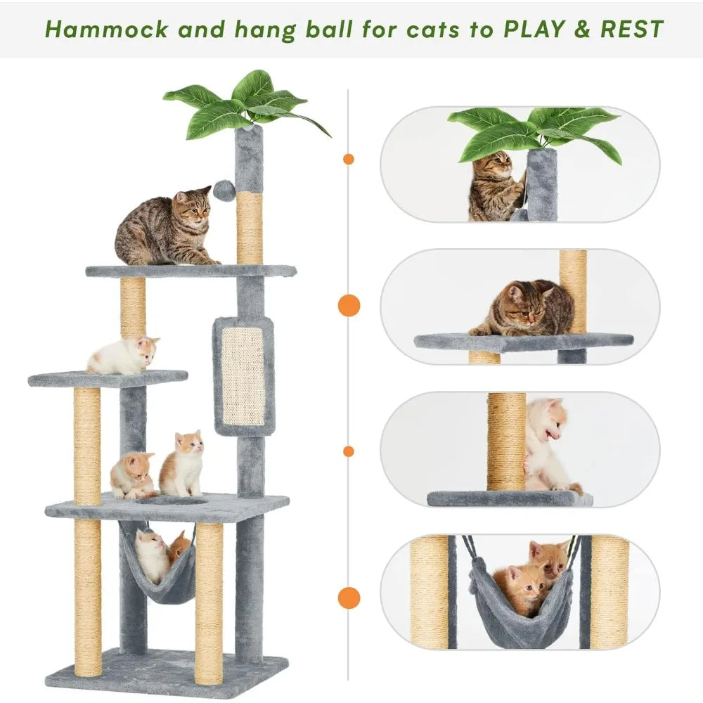 55" Cat Tree for Indoor Cats with Green Leaves, Multi-Level Large Tower for Indoor  with Hammock, Plush  House with