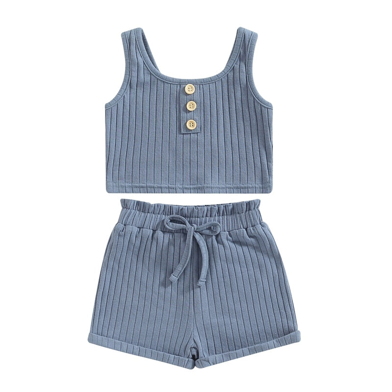 2023-02-14 Lioraitiin 0-4Years Toddler Girls 2Pcs Summer Outfit Sets Solid Button Vest Ribbed Drawstring Shorts