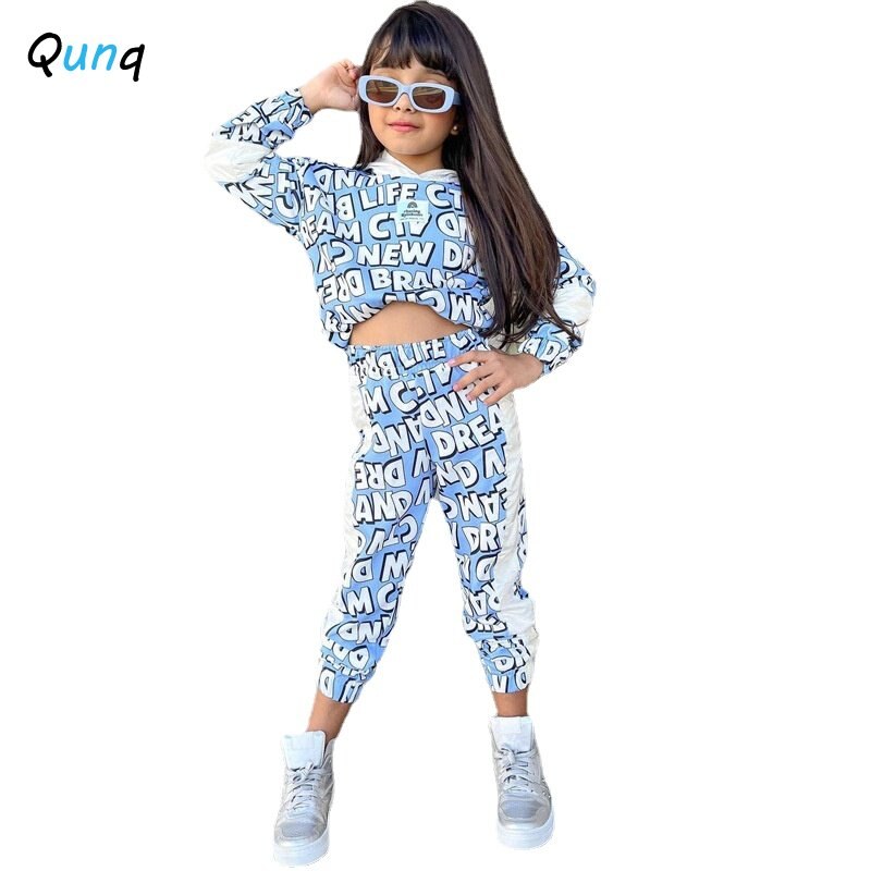 Qunq 2023 Summer INS New Girls Fashion Hooded Print Long Sleeve Splice Top+Pants 2 Pieces Set Casual Children Clothes Age 3T-8T