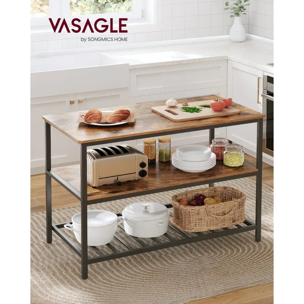 VASAGLE 47.2 Inches Kitchen Shelf with Large Worktop, Rustic Brown and Black,Kitchen Island with 3 Shelves, Easy to Assemble