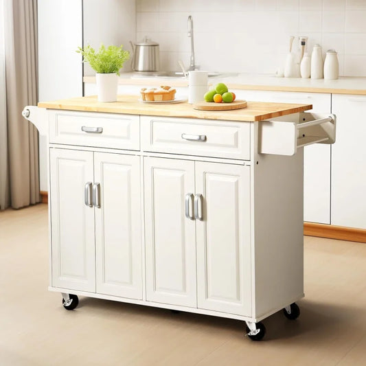 54“ Large Kitchen Island with Storage, Cart on Wheels with 2  Drawers,Adjustable Shelf Inside Cabinet, Spice Rack