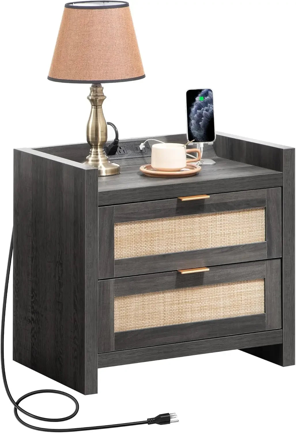 Nightstands.Night Stand Set of 2 - Rattan Nightstands with Type-C Charging Station,2Rattan Drawers-Boho Wood Bed Side End Table Mike's mixed store