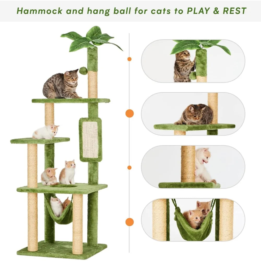 55" Cat Tree for Indoor Cats with Green Leaves, Multi-Level Large Tower for Indoor  with Hammock, Plush  House with