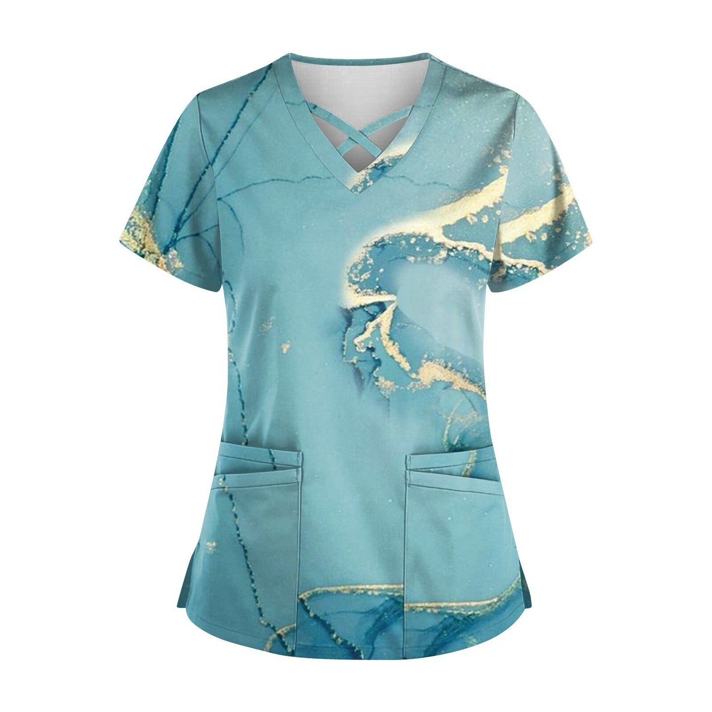 Gradient 3D Printing T-Shirts for Women Short Sleeve V Neck Nurse Working Uniform Casual Breathable Women Surgical Gown T-shirt