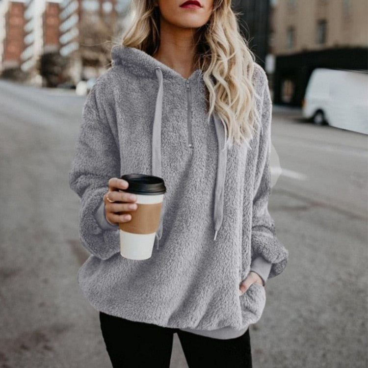 Women's Winter Solid Color Fleece Hooded Sweater Women's Zipper Long Sleeve Sweater Fleece Sweater Jacket Warm Thick Cotton Tops