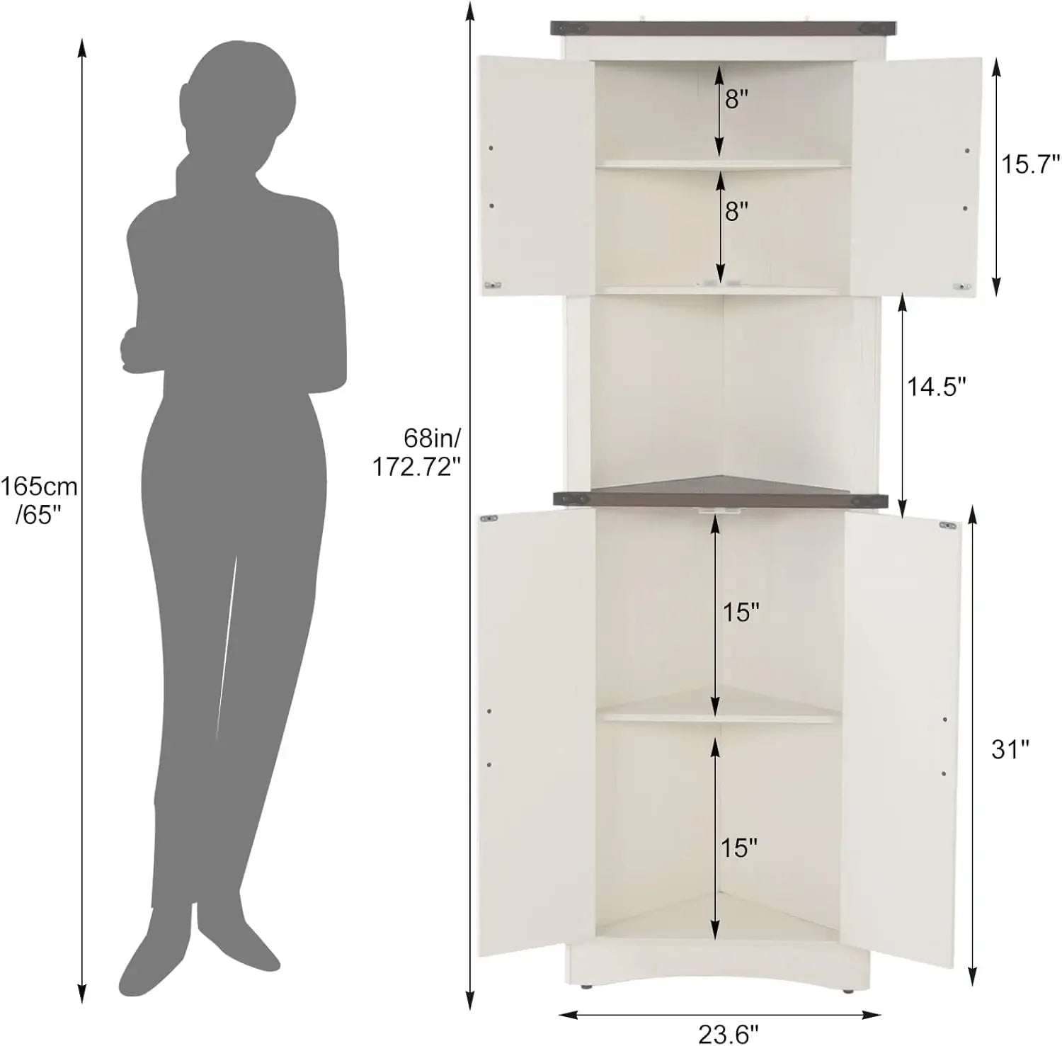 68" Tall Farmhouse Corner Cabinet, 5-Tier Storage Cabinet with 4 Barn Doors & Adjustable Shelves, Bathroom Cabinet with Storage Mike's mixed store