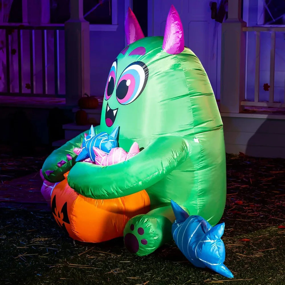 5 FT Long Halloween Inflatable Monster Candy with Pumpkin Inflatable Yard Decoration with Build-in LEDs Blow Up Inflatables