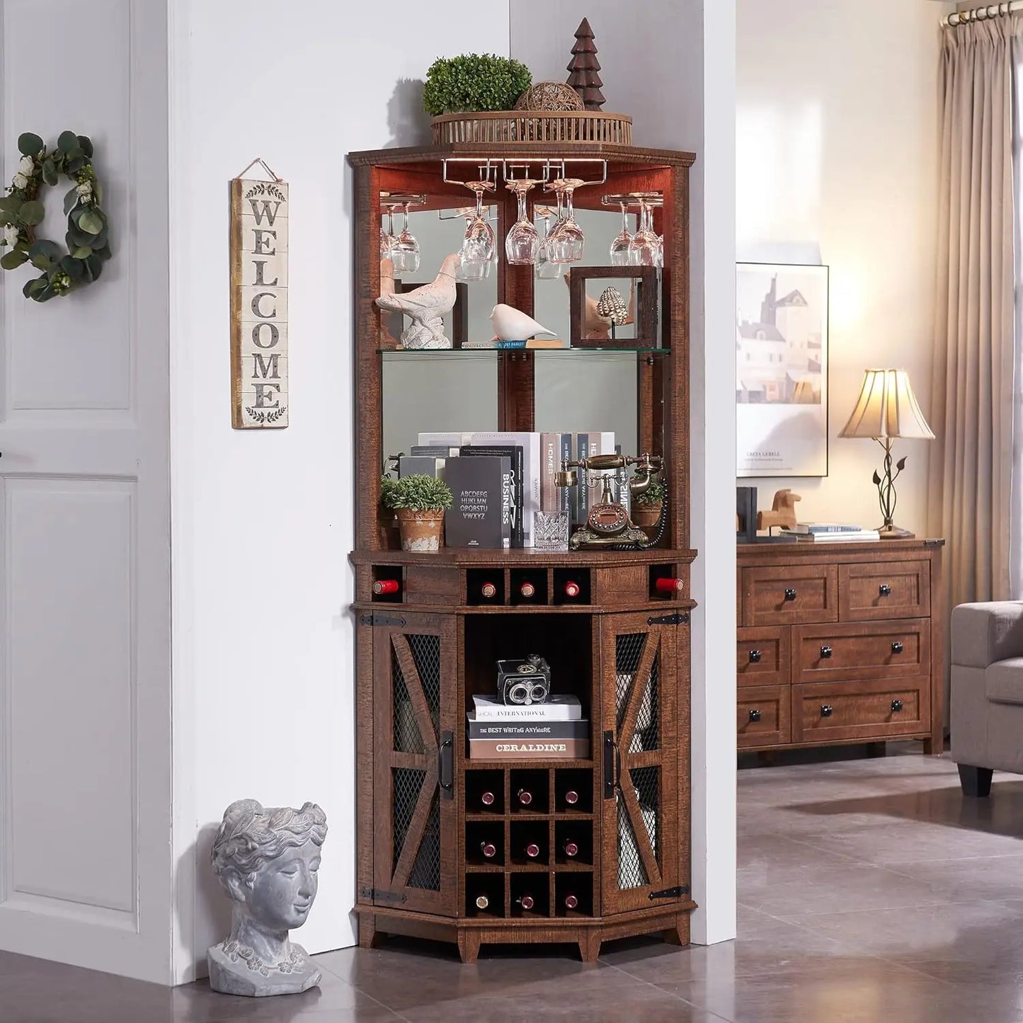 Corner Bar Storage Cabinet, 72" Tall Farmhouse Wine Bar Cabinet w/Barn Door & Adjustable Shelf, Home Bar Cabinet w/LED Light Mike's mixed store